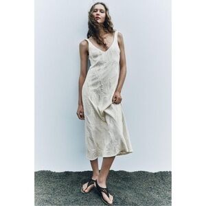 Zara Jacquard Cream Textured Midi Slip Dress
